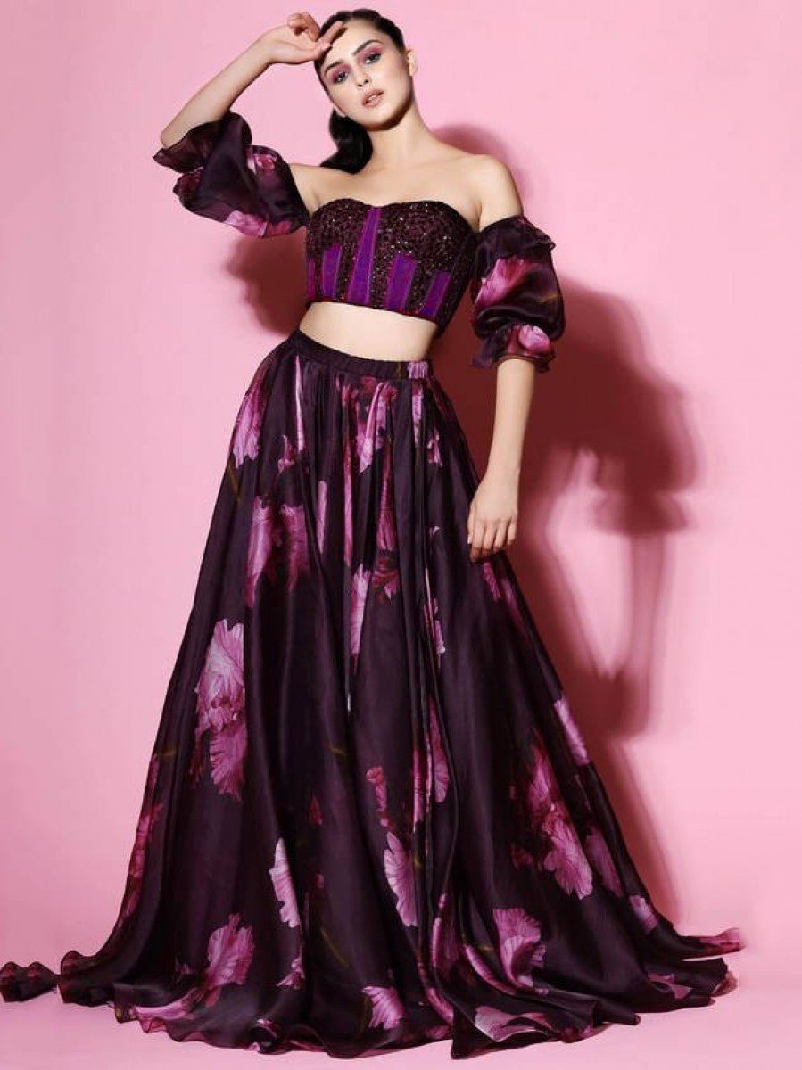 Buy Baby Pink Floral Printed Georgette Party Wear Crop Top Lehenga Dupatta Online from EthnicPlus for ₹1,399.00